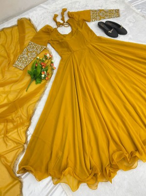 Yellow New Anarkali Faux Georgette With Embroidery Work Gown With Dupatta